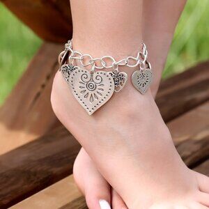 Boho Antique Silver Heart Tassel Anklet - Handmade Summer Jewelry